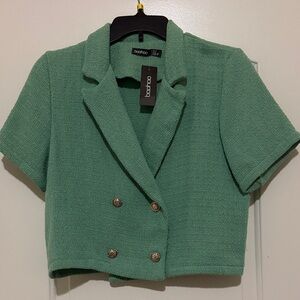 Boohoo Mint Green Short Sleeve Cropped Double-Breasted Blazer